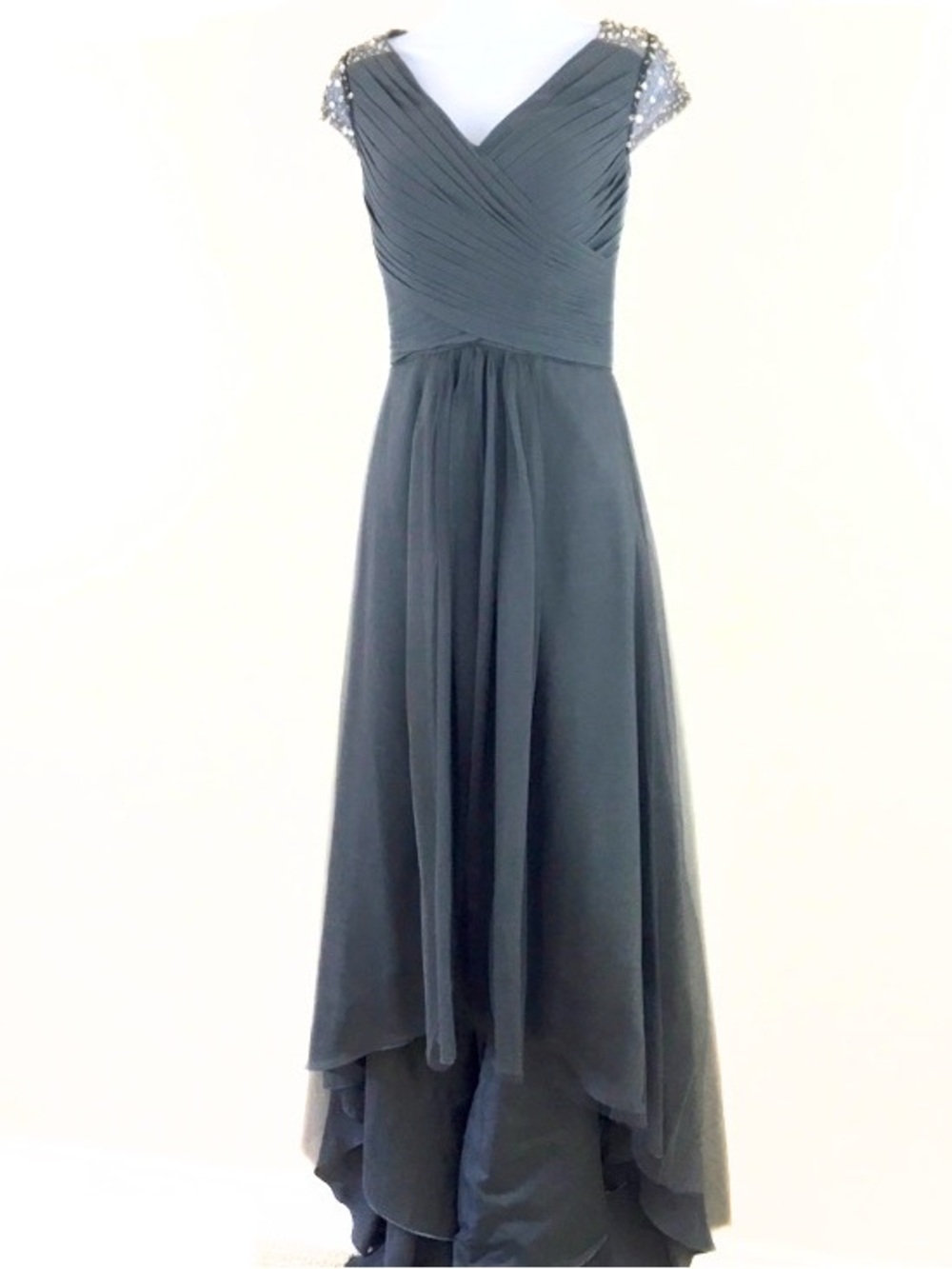 Custom Made Gray Satin Chiffon Bridesmaid Dress Beaded Shoulders Chapel Train